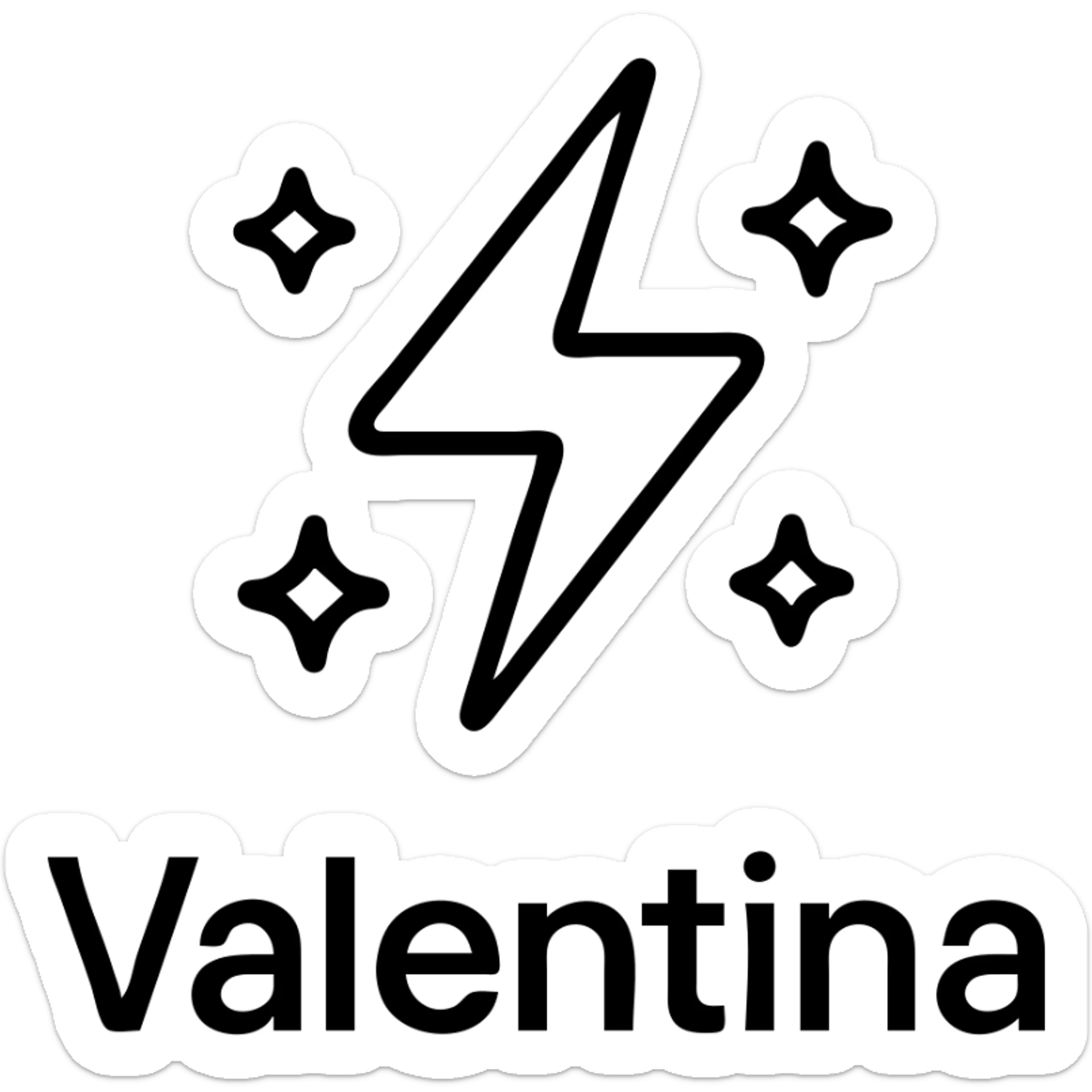 Add electric sparkles and the name 'Valentina' in a minimalist icon style with a transparent background. sticker