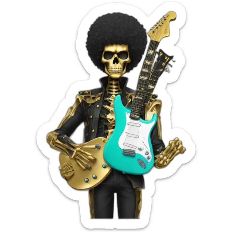 Soolking brook ;black affro cut ;turquoise electric guitar;golden crown ;skeletal face sticker