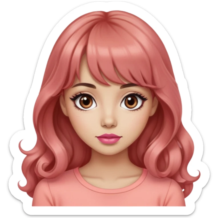 cute woman, light tan skin, big black eyes, very long wavy auburn hair, bangs, pink top, coral lipstick sticker