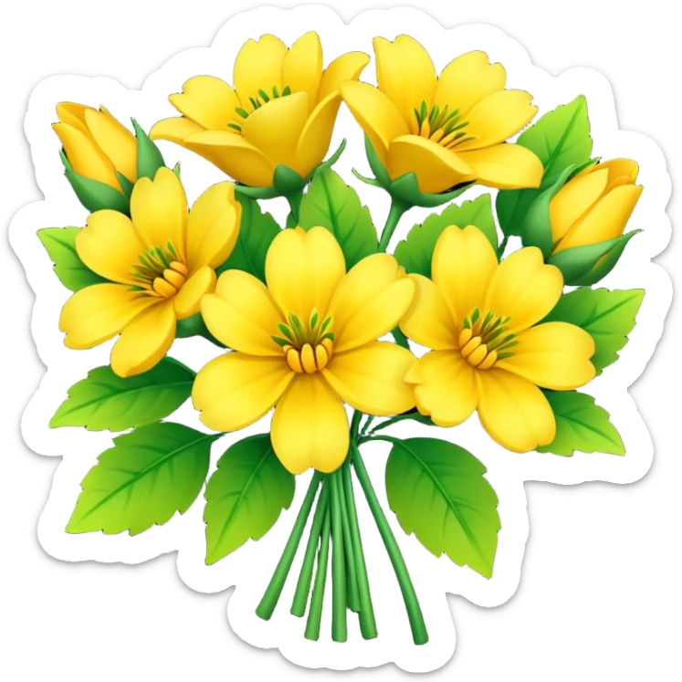 Generate a high-quality image of a bouquet of flowers dominated by yellow blooms, with a mix of green leaves, realistic colors and shading, smooth gradient colors, no human figures, no facial features, no brand markings, simple white background, high-resolution.
 sticker