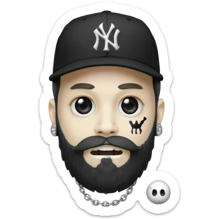 Hazme un zombie con barba en la barbilla el emoji que esté en blanco y negro osea la foto que tenga aretes pequeños una gorra volteada de los new York yankee y una cadena de diamantes que diga W sin barba sticker