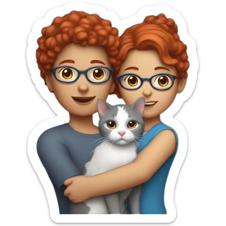 a girl with red curly hair and blue glasses with a white and gray cat in her arms sticker
