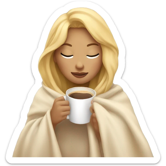 girl with blonde hair inside a blanket sipping coffee eyes closed sticker