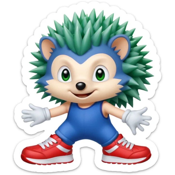 Blue anthropomorphic hedgehog, spiky hair, large green eyes, confident smile.Wearing red sneakers with white straps and white gloves. sticker