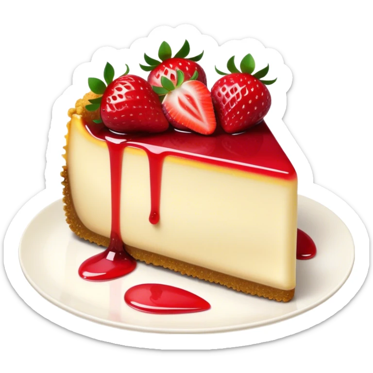 Cinematic creamy cheesecake, smooth and velvety, topped with fresh strawberries and a glossy fruit glaze, golden crumbly crust, beautifully plated, soft glowing background, indulgent and elegant. sticker