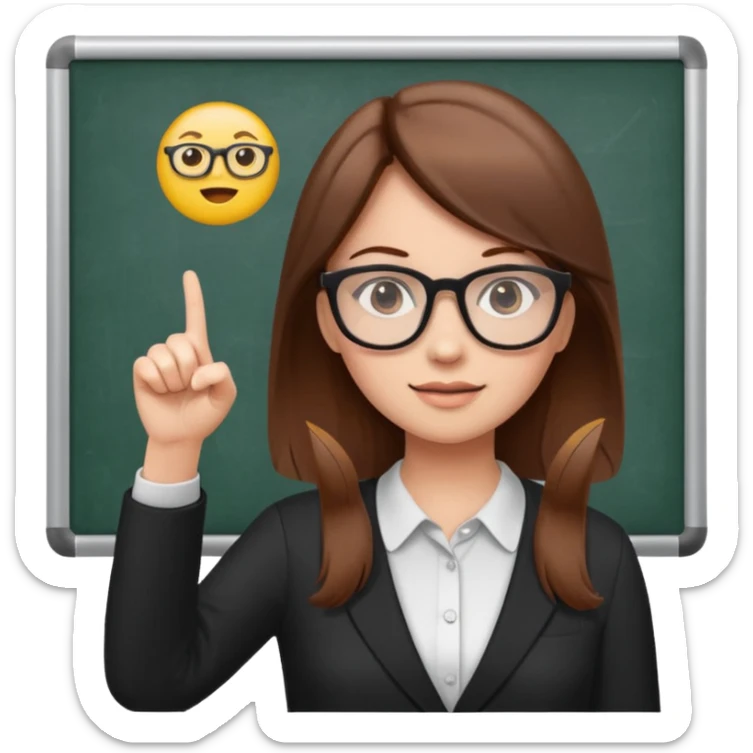 Make an emoji of a girl with brown hair who is teaching how to make emojis on a board pointing to the board like a teacher sticker