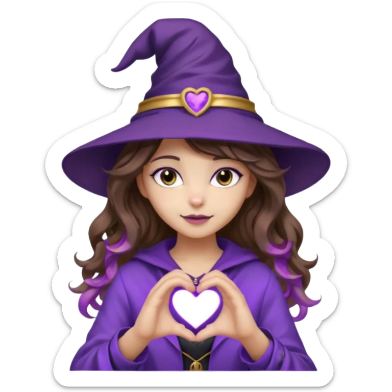 girl with wavy brown hair with lilac tips, making a heart with hands, stylish clothes in purple and black tones, purple and gold witch hat with cat ears sticker