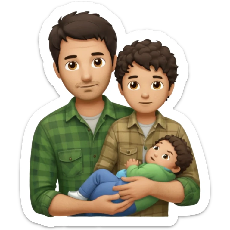 A father with messy medium-length dark hair and light stubble, wearing a green flannel shirt. He holds his child who has short curly brown hair and a cream-colored romper. Cozy warm lighting, authentic family moment. sticker