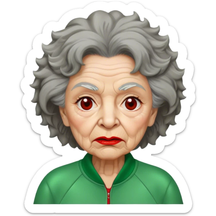 Han Mi-nyeo: Age Late 70s
A woman with many wrinkles face, frizzy, very messy dark brown hair and dramatic red lipstick.
Outfit: Green player tracksuit sticker