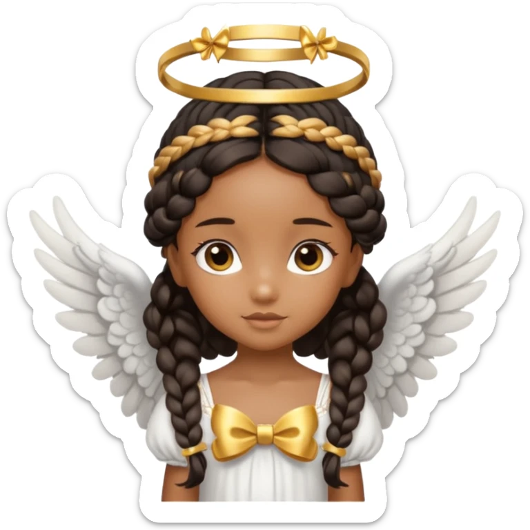 black Cute Girl with Angel Wings and one golden bow in braided hair sticker