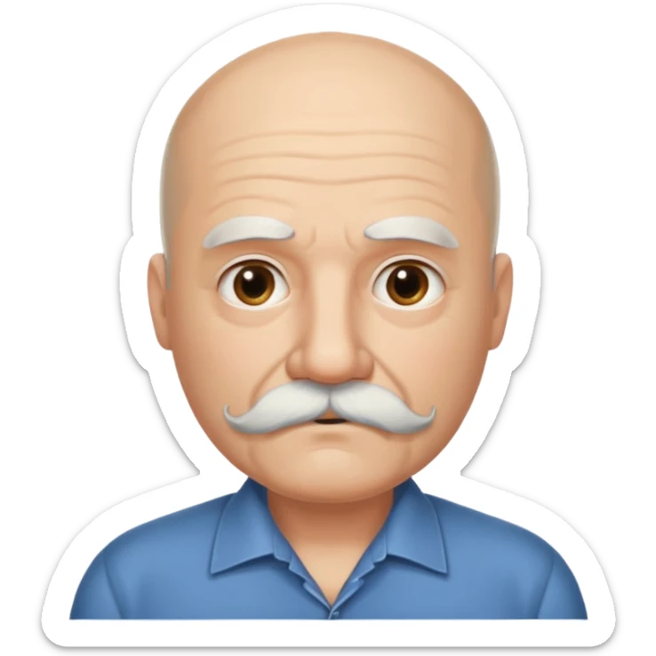 61 years old. Bald with dark hair on the sides. black thick moustache. White beard. saying sorry sticker