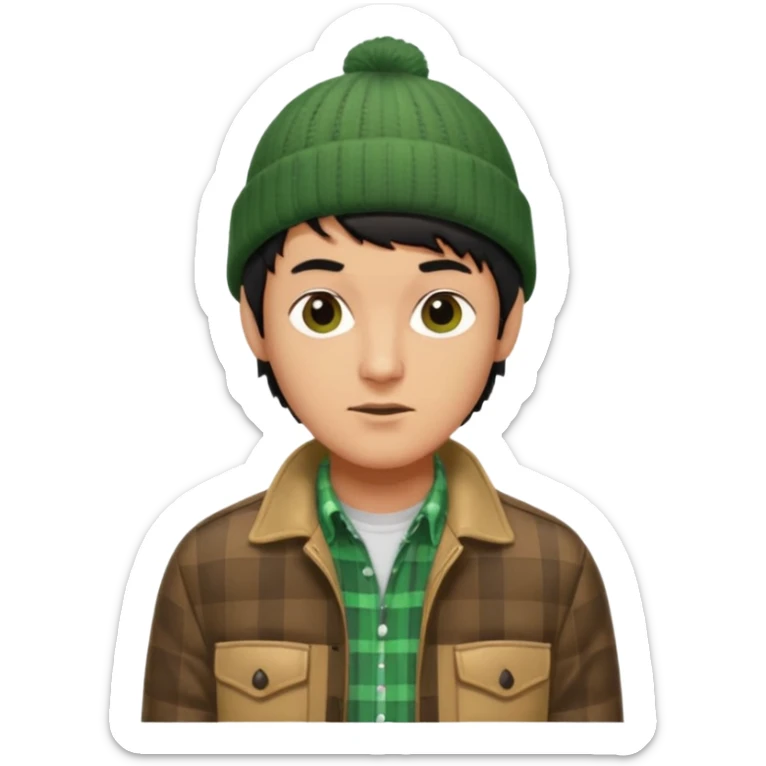 young man with longish black Beatle haircut, tan complexion, green beenie hat, tan jacket, checked shirt , pork chop sideburns sticker