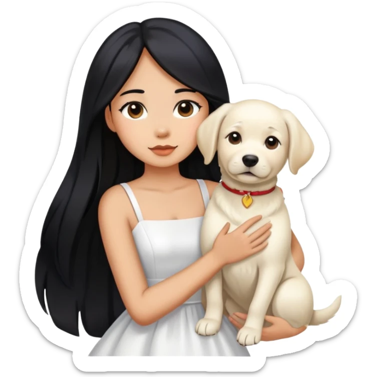 A beautiful girl with long black hair and a white dress is holding a white Labrador sticker