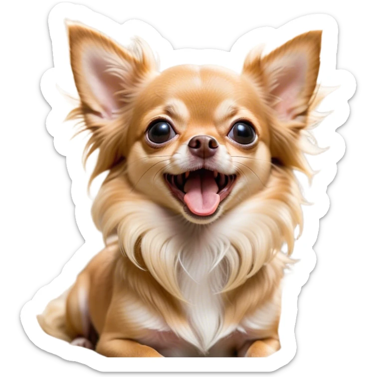 Cinematic Cute Yawning Long Haired Fawn Chihuahua Portrait Emoji, Head tilted slightly with a dramatic, wide-open yawn, flowing long fawn hair with delicate highlights, floppy ears slightly drooping, round dark eyes barely open in drowsy contentment, Simplified yet irresistibly adorable features, highly detailed, glowing with a soft, cozy glow, high shine, relaxed yet expressive, stylized with a touch of whimsy, bright and endearing, soft glowing outline, capturing the essence of a sleepy yet affectionate companion, so drowsy it feels like it could stretch right out of the screen and curl up for a nap! sticker