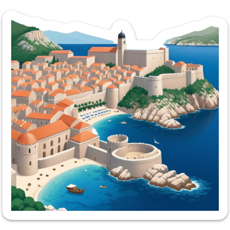 Cinematic Realistic Dubrovnik Landmark Emoji, showcasing the historic walled city with its terracotta rooftops, stone fortifications, and the deep blue Adriatic Sea stretching beyond. sticker