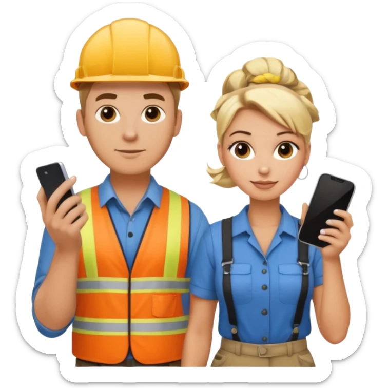 White male construction electrician and pretty blond office hair stylist with a bun holding phone sticker