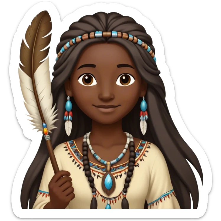 Cinematic Realistic Pocahontas Portrait, depicted with lifelike skin texture, soft natural lighting, and intricately detailed long, flowing raven-black hair that moves gracefully in the wind. Her deep, soulful dark brown eyes exude wisdom and strength, complemented by a serene yet powerful expression. She is shown gently holding a feather in one hand, her other hand resting lightly at her side, embodying the harmonious balance between nature and herself. She is dressed in her classic one-shoulder native American dress, with rich fabric textures and delicate beaded details that catch the light beautifully. The portrait features a soft, sun-kissed glow with a natural, radiant finish, capturing the essence of untamed beauty and deep connection to nature in a realistic and painterly style, evoking a sense of depth and authenticity. sticker