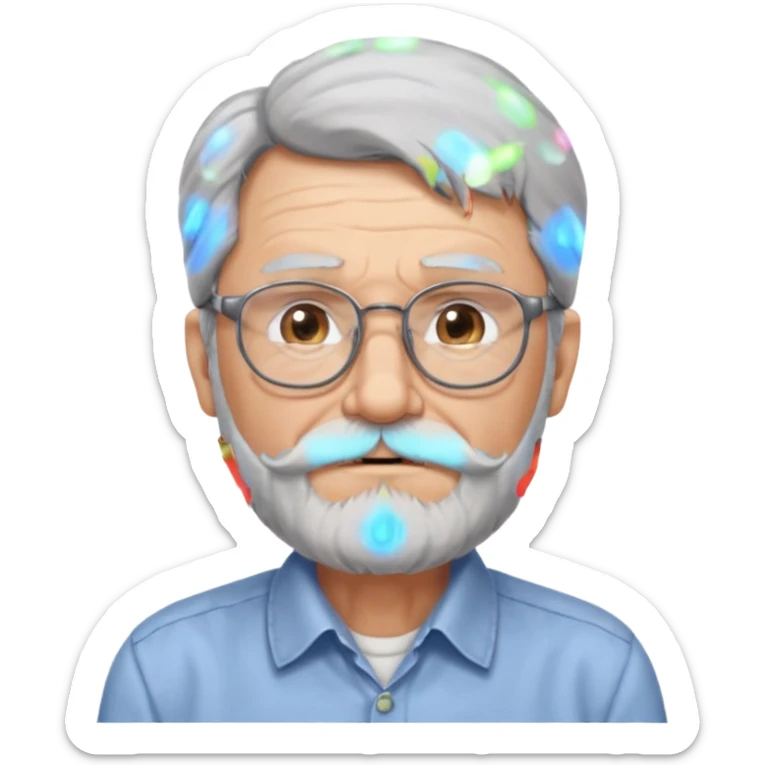 old man with long hair and beard wearing glasses with shirt sticker