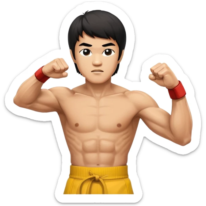 Bruce Lee in his iconic fighting stance with raised fists and martial arts pose sticker