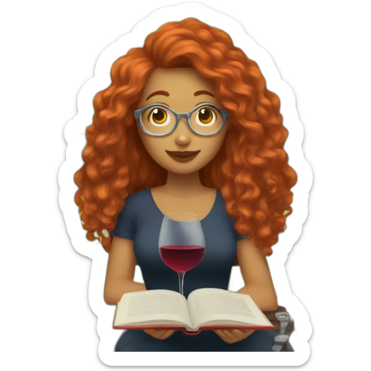 woman with long curly red hair reading a book with a glass of wine in a park sticker