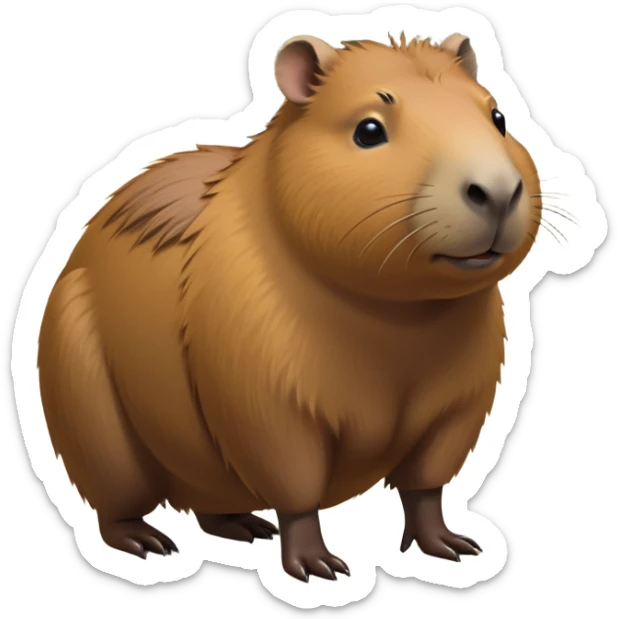 cinematic-capybara-realistic-full-body-on-all-fours-emoji,-plump-and-relaxed-body-soaking-in-the-warm-sun,-short-brown-fur-slightly-ruffled,-head-tilted-dramatically,-calm-expressive-eyes-exuding-serene-wisdom,-simplified-yet-realistic staring at the camera ina. comical way sticker