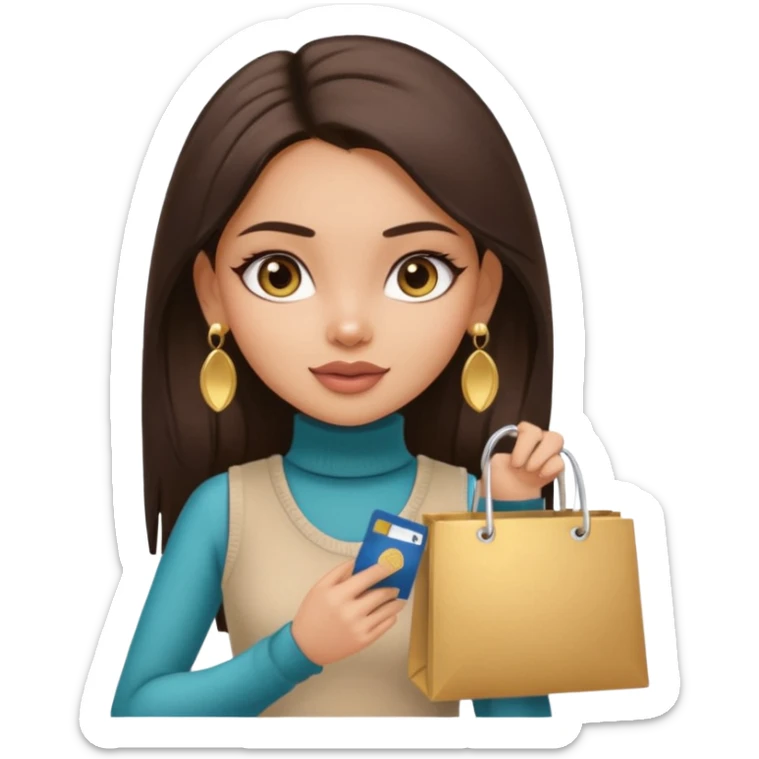 a pretty bratz fair indian girl wearing a beige sleeveless turtleneck, golden earrings, straight ling hair, holding bank cards, dark brown hair, carrying shopping bags sticker