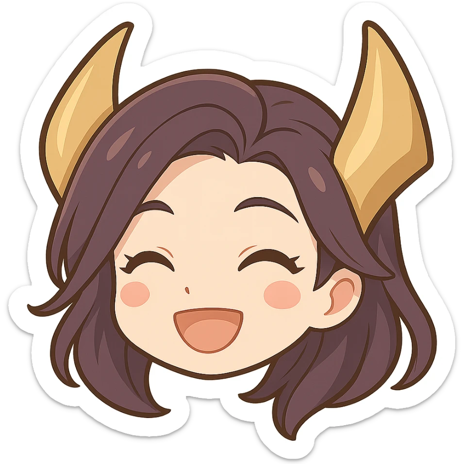 Create a chibi style emote of Kaisa from League of Legends showing a happy expression, only the head is visible. This is alternate happy expression 3 with a transparent background. sticker