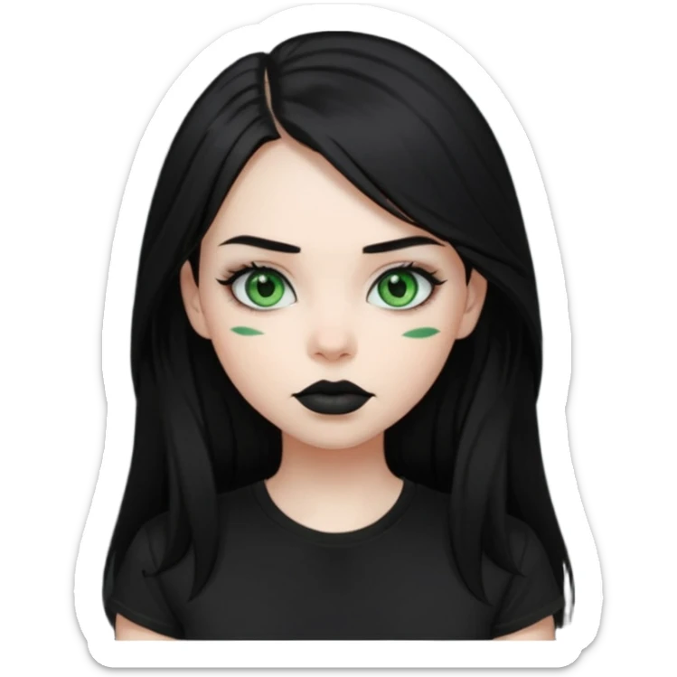 Black haired girl, green eyes, black lipstick, white skin, black t shirt, sharp face, long hair sticker