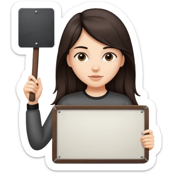 Fair skin long dark brown hair Rock n roll girl holding a large blank sign sticker