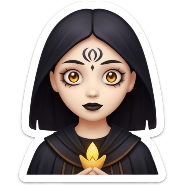 Stylized cult cartoon girl emoji, eerie-cute aesthetic, symmetrical design, subtle spooky vibe, glowing eyes, chanting “AMILK”, bold graphic icon sticker