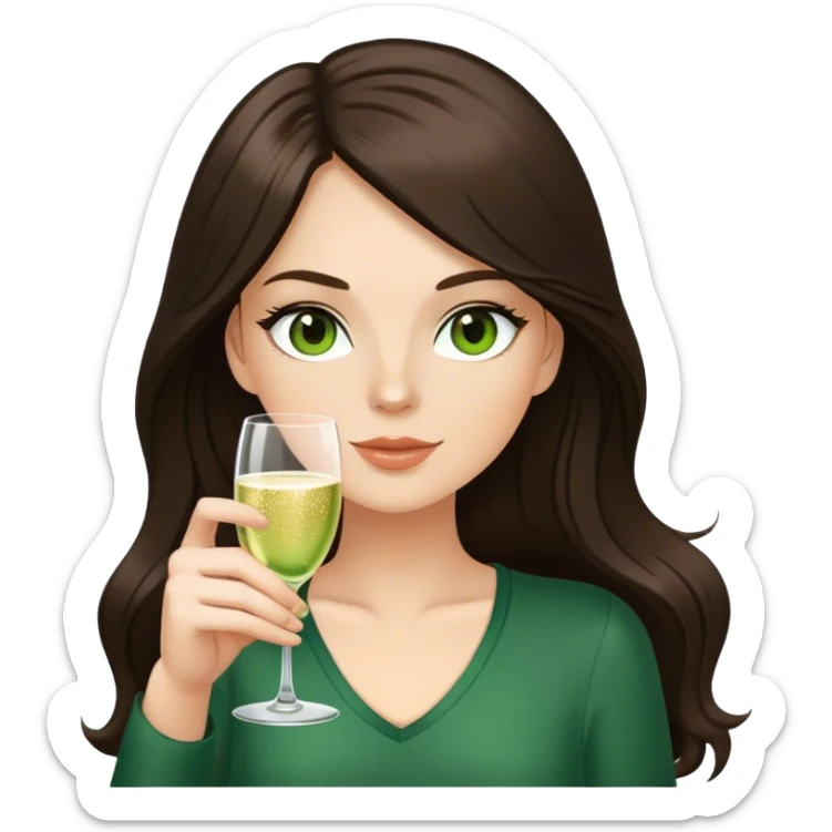 White girl with long dark brown hair and brown eyes and a green top and brown eyes with glass of champagne  sticker