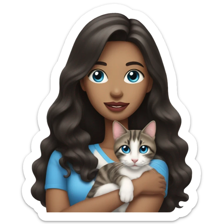 woman with long dark hair, pink lips,and blue eyes holding a tabby cat sticker
