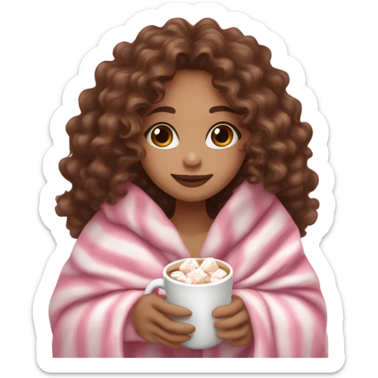 Light skin girl with brown curly hair under our pink blanket,make her look like a young  make it so you can see the curly hairsipping hot cocoa with marshmallows, cuddled around the blanket, long curly hair, long, medium lashes sticker