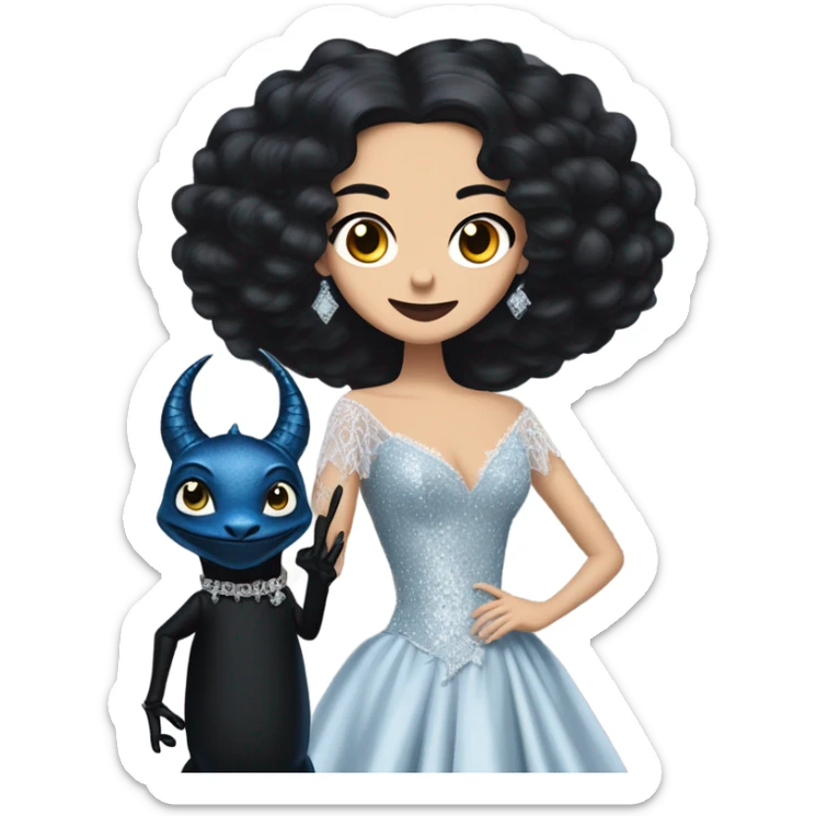 relaxed low-cut back silky black evening ball gown with lace gloves, Jenna Ortega as Addams woman wearing a mini diamond tiara, very large blood blue cute horned old dragon hand puppet sticker