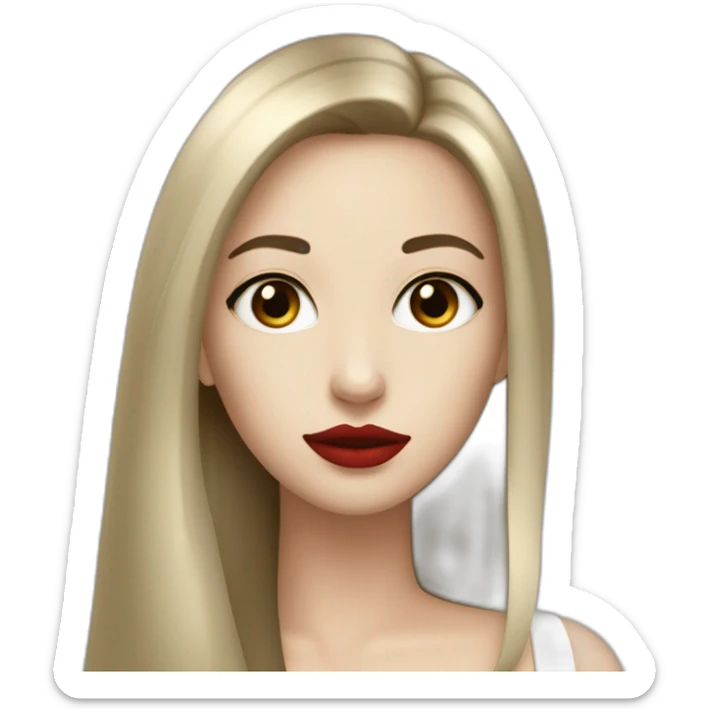 straight long hair,red lipstick,black eyes, white skin and a small nose sticker