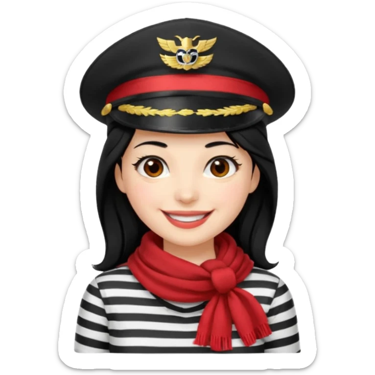 marinera de pelo negro piel blanca con camisa a rayas blanco y negro y pañuelo rojo y gorra de capitana y sonrisa muy alegre sticker