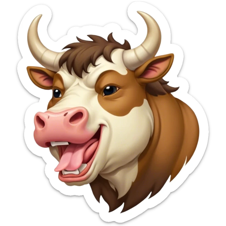 Cinematic Cute Yawning Domestic Bull Portrait Emoji, Head tilted slightly with a dramatic, wide-open yawn, showcasing a robust, muscular frame with a soft, downy coat and subtly drooping horns, round eyes barely open in drowsy contentment, Simplified yet irresistibly adorable features, highly detailed, glowing with a soft, cozy natural glow, high shine, relaxed yet expressive, stylized with a dash of rustic whimsy, soft glowing outline, capturing the essence of a sleepy yet affectionate domestic bull that seems ready to stretch out and settle for a nap! sticker