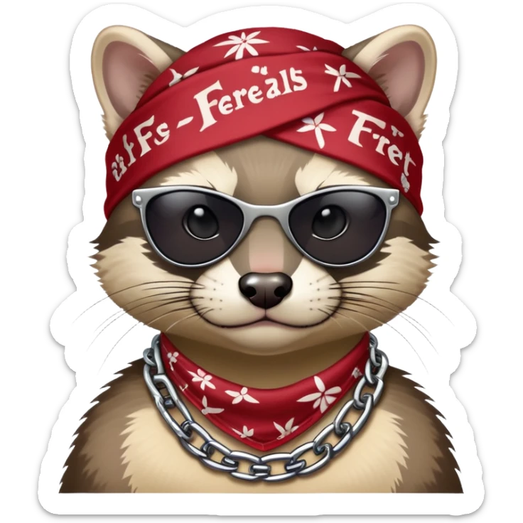 gangster-style animal duo featuring a tough-looking ferret and a wildcat rocking shades, bandanas, and chains. They’ve got serious street cred and attitude, with the bold name ‘FERREALS’ stamped below like a crew name. It’s like the animal kingdom’s version of a hip-hop duo or biker gang sticker