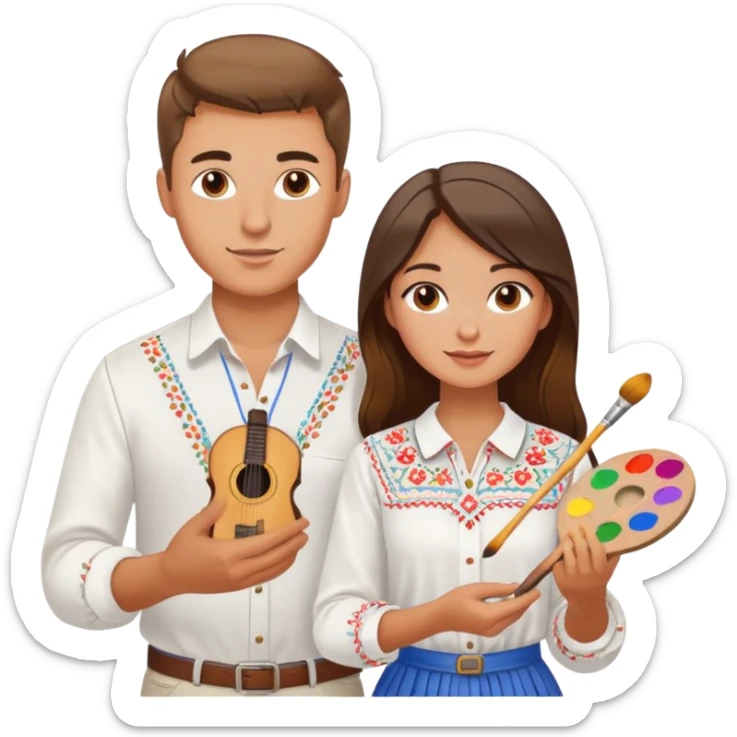 a guy in a white Ukrainian embroidered shirt and a girl in a white Ukrainian embroidered shirt, holding music and a paint palette sticker