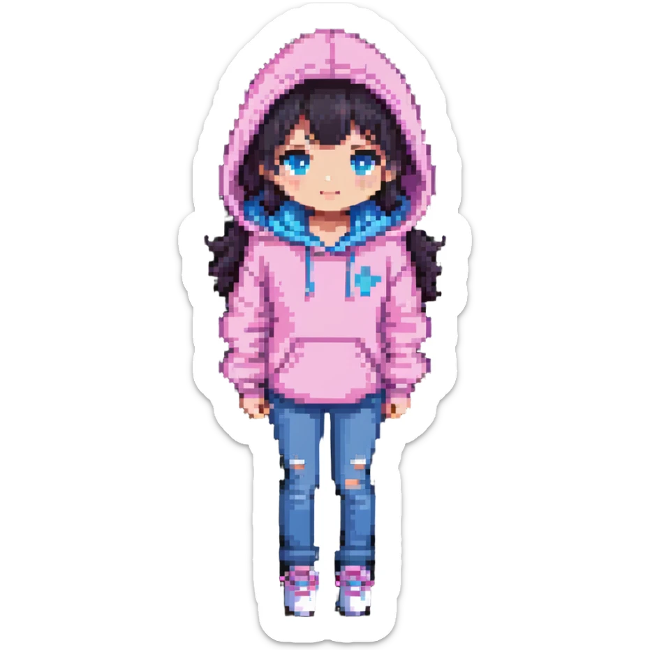 cute girl in a pink hoodie and blue jeans, pixel art style sticker