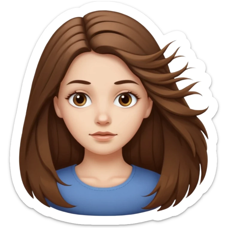 a white girl, face oval not so full, brown long hair, hairstyle: holding half hair back with two medium tall strands of hair on her face, her eyes brown a bit drawn  sticker
