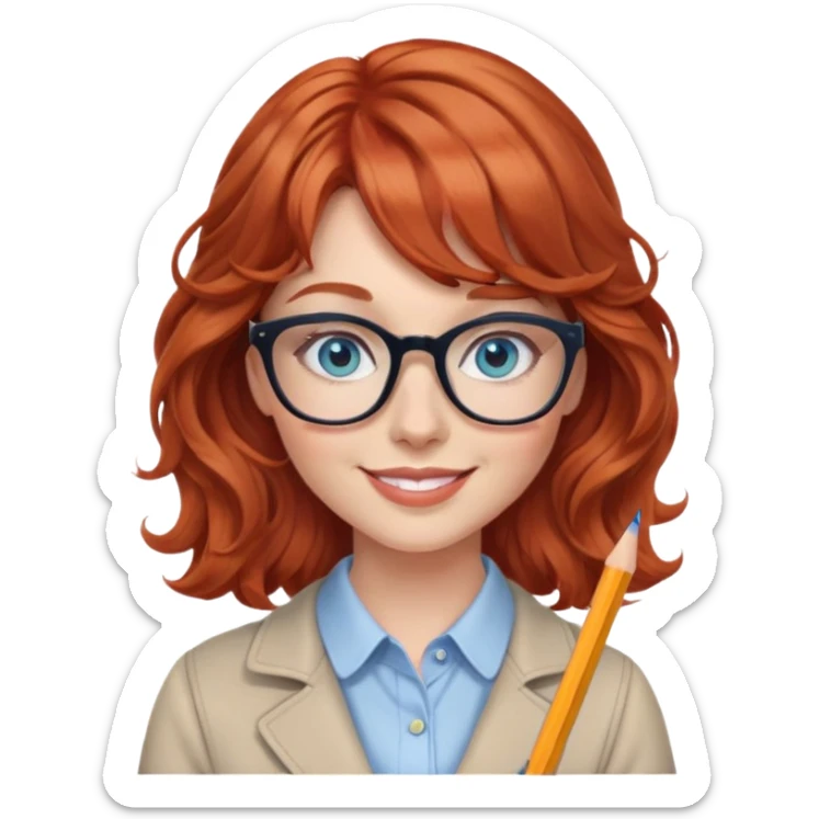 redheaded woman with wavy hair and bangs, blue eyes, glasses, chic outfit, holding a pencil, smiling sticker