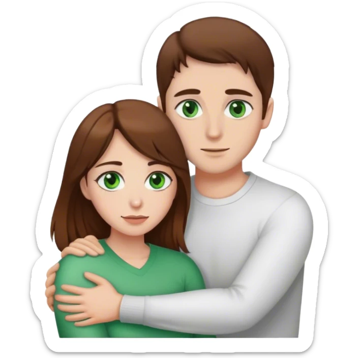 white couple with brown hair, woman has green eyes man has brown eyes, they’re hugging each other  sticker