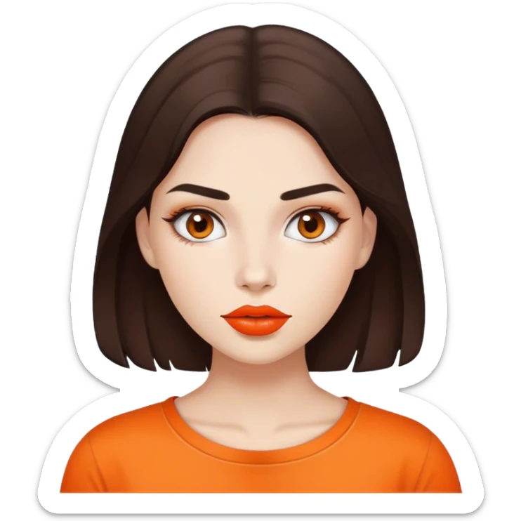 a White beautiful girl white natural lipstick and dark brown hair, and orange shirt sticker