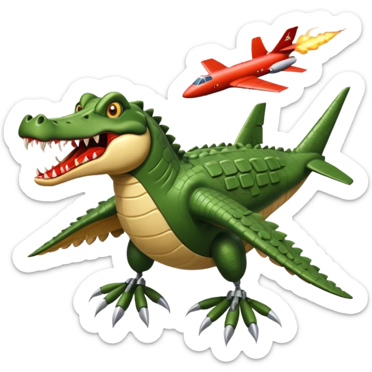 crocodile head with a terrifying mouth merged with a military bomber body, arms as airplane wings with rockets, legs as massive chicken legs like a hut on chicken legs, moving with a roar, trail of destruction sticker