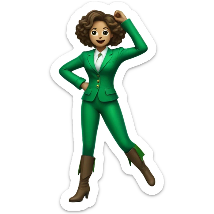 Woman with brown hair in green suit with green leather boots with rose on stomach gently dancing sticker