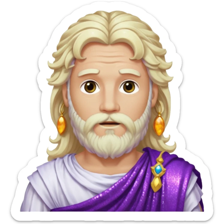 Jupiter, God of Sky from Roman Deities with long white blonde wavy hair and beard, purple sequin toga sticker