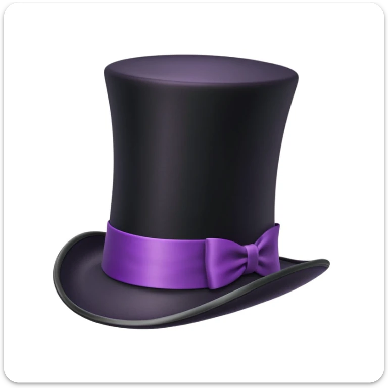3D apple-style emoji of a tall vintage top hat, simplified shapes, cartoon-like look, glossy finish, soft shadows, white background, tall black hat with wide brim, purple and black checkered ribbon with a red stripe sticker