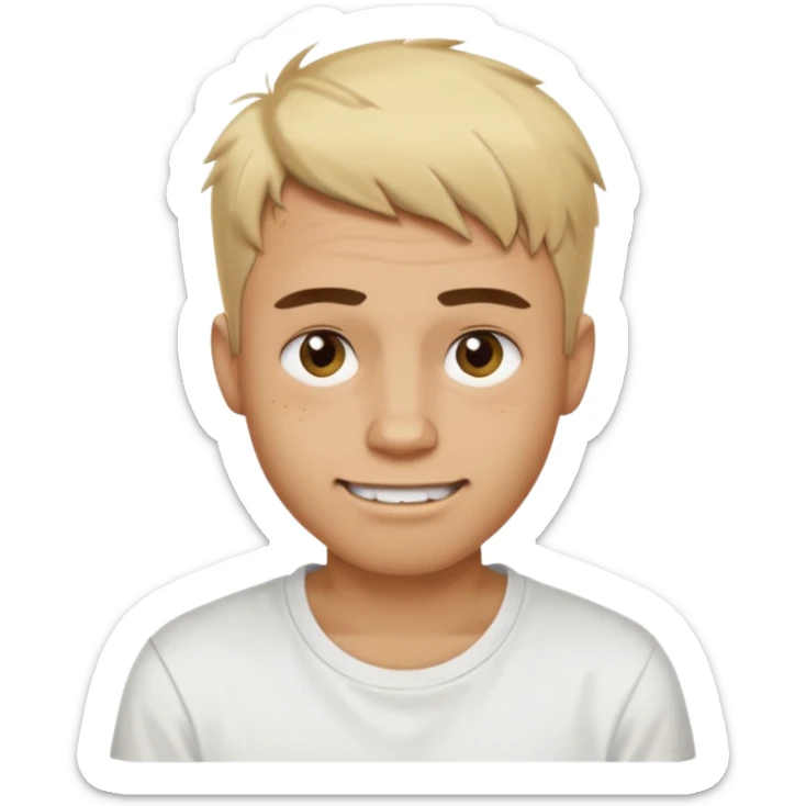 Male with short, messy blonde buzzstyle hair, large expressive golden-brown eyes, brown skin, subtle facial bruises and scratches, crooked smile showing slightly damaged teeth, wearing a plain white t-shirt. sticker