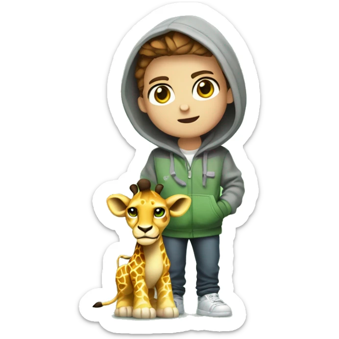 Young cartoon character,
short chestnut hair, green eyes,
grey hoodie, holding controller,
gaming items around, giraffe nearby,
lion cub, playful expression, cool style,
modern look, green background sticker